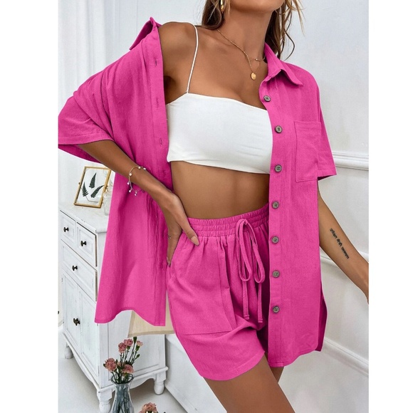 2 Piece Set: Hot Pink Button Up Down Shirt and Shorts - Picture 3 of 7